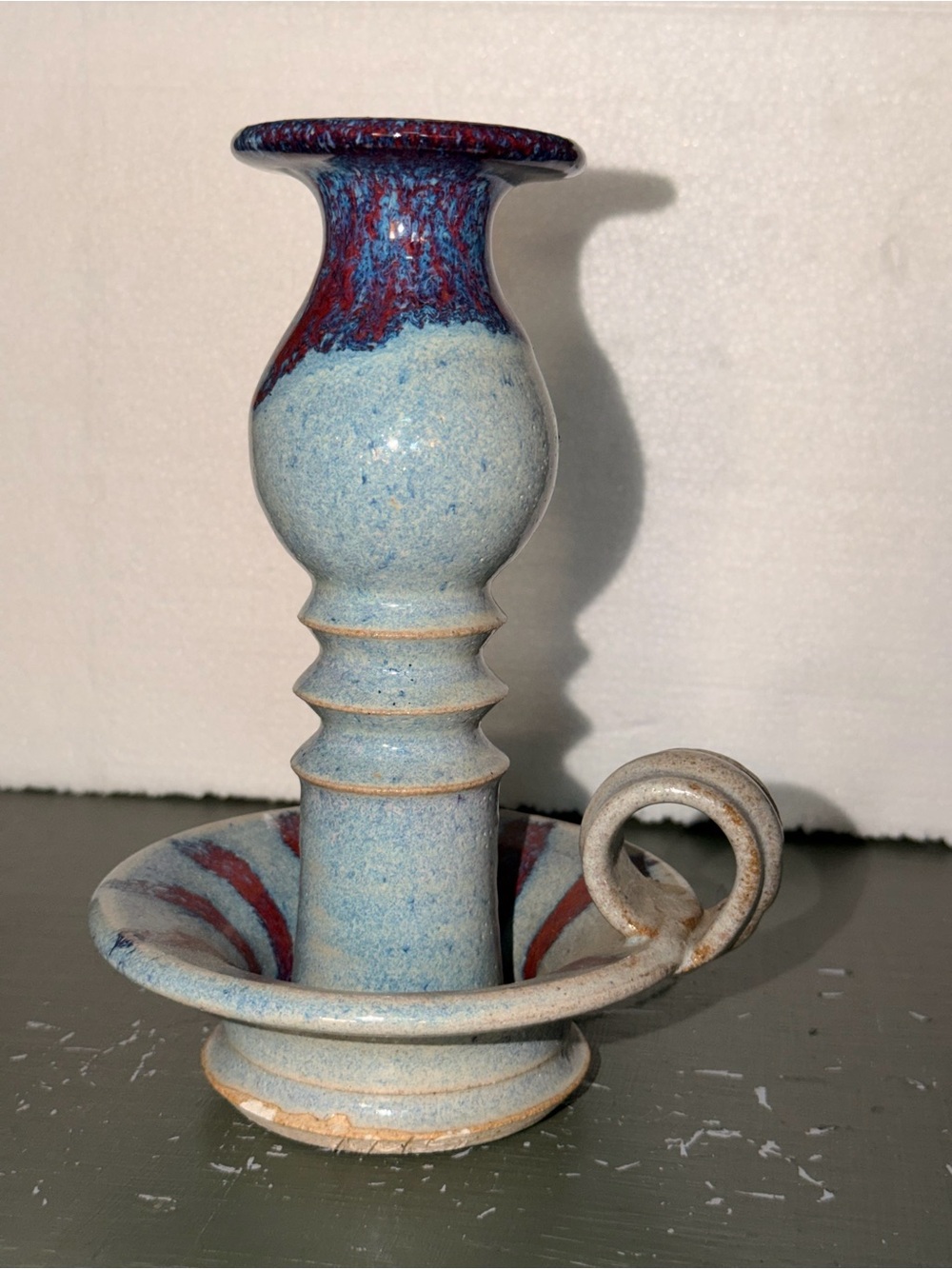 Vintage Mahon Made Art Pottery Stoneware Blue Red Drip Glaze Candle Holder